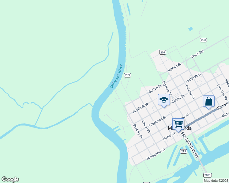 map of restaurants, bars, coffee shops, grocery stores, and more near 167 Saint Mary Street in Matagorda