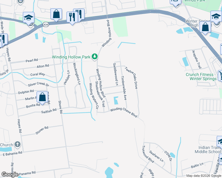 map of restaurants, bars, coffee shops, grocery stores, and more near 431 Woodcrest Street in Winter Springs