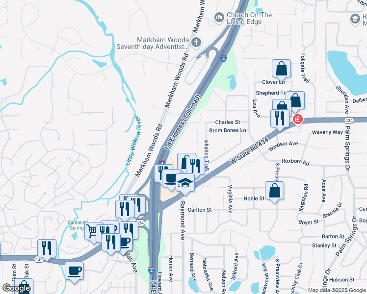 map of restaurants, bars, coffee shops, grocery stores, and more near 106 Springwood Circle in Longwood