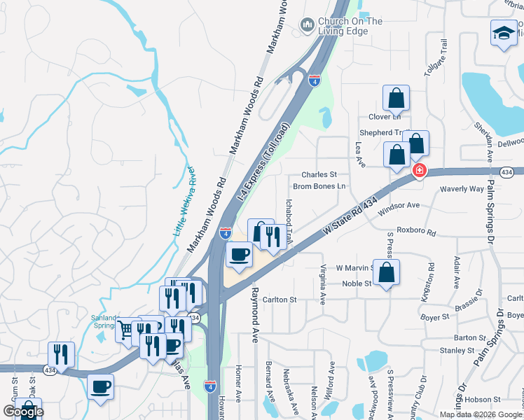 map of restaurants, bars, coffee shops, grocery stores, and more near 106 Springwood Circle in Longwood