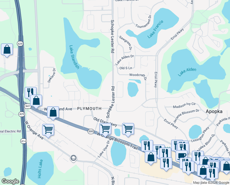 map of restaurants, bars, coffee shops, grocery stores, and more near 805 Counts Crest Circle in Apopka
