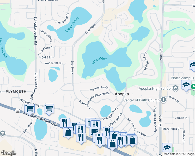 map of restaurants, bars, coffee shops, grocery stores, and more near 1535 Lake Marion Drive in Apopka