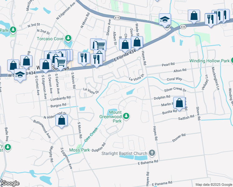 map of restaurants, bars, coffee shops, grocery stores, and more near 354 Casa Grande Drive in Winter Springs