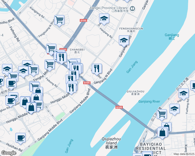 map of restaurants, bars, coffee shops, grocery stores, and more near 1 Ganjiang North Avenue in Nanchang Shi