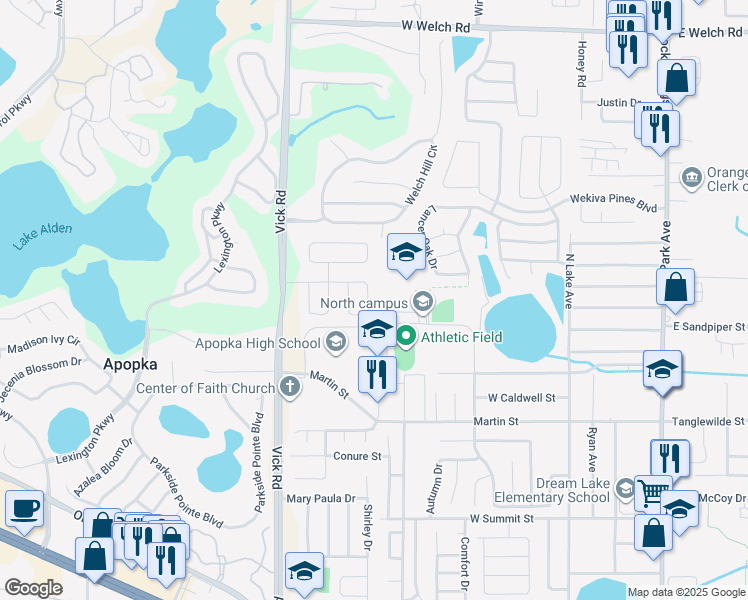map of restaurants, bars, coffee shops, grocery stores, and more near 517 Vicks Landing Drive in Apopka