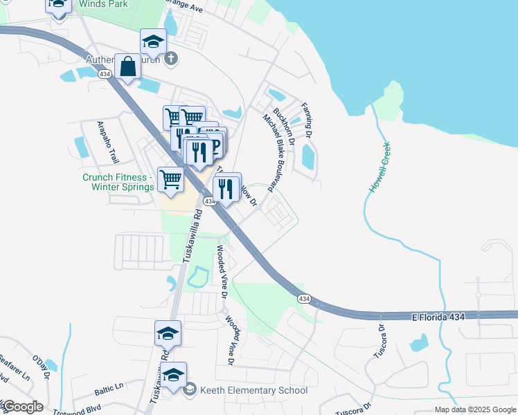 map of restaurants, bars, coffee shops, grocery stores, and more near 1501 Tree Swallow Drive in Winter Springs