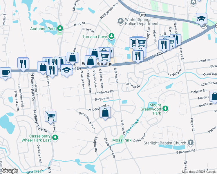 map of restaurants, bars, coffee shops, grocery stores, and more near 50 South Moss Road in Winter Springs