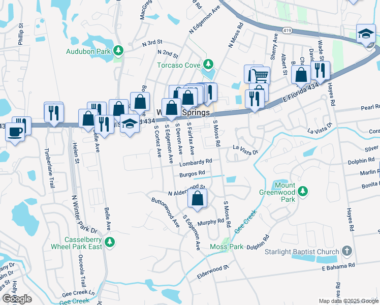 map of restaurants, bars, coffee shops, grocery stores, and more near 54 South Fairfax Avenue in Winter Springs