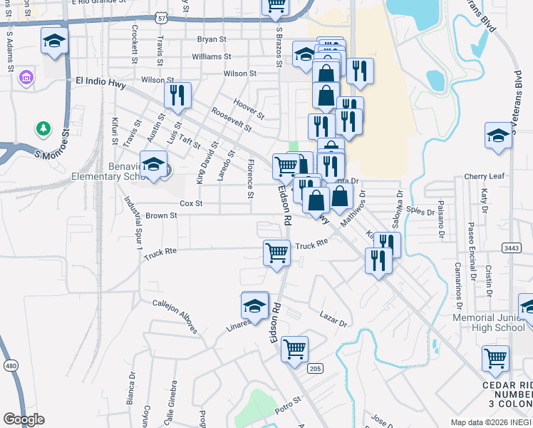 map of restaurants, bars, coffee shops, grocery stores, and more near 1055 Eidson Road in Eagle Pass