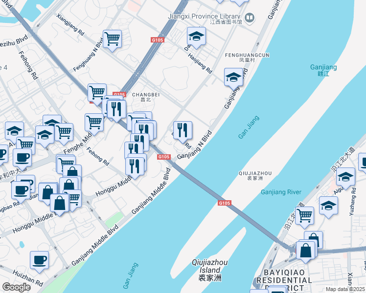 map of restaurants, bars, coffee shops, grocery stores, and more near 1 Ganjiang North Avenue in Nanchang Shi