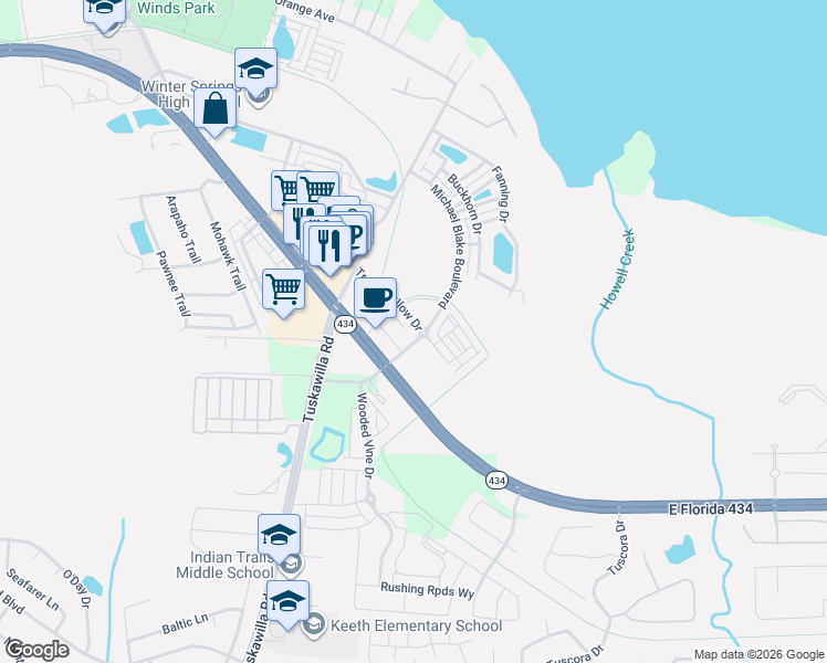 map of restaurants, bars, coffee shops, grocery stores, and more near 151 Michael Blake Boulevard in Winter Springs
