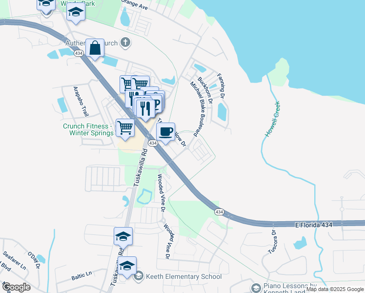 map of restaurants, bars, coffee shops, grocery stores, and more near 151 Michael Blake Boulevard in Winter Springs