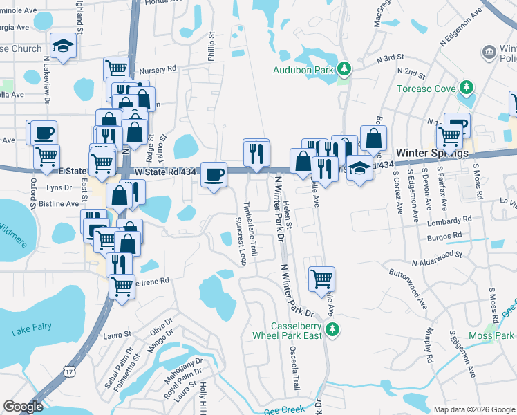 map of restaurants, bars, coffee shops, grocery stores, and more near 1121 Timberlane Trail in Casselberry