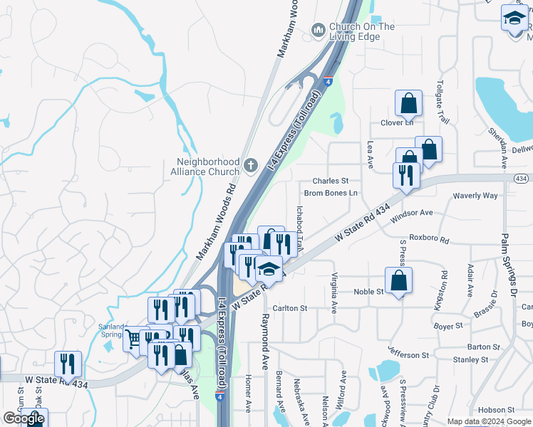 map of restaurants, bars, coffee shops, grocery stores, and more near 127 Springwood Circle in Longwood