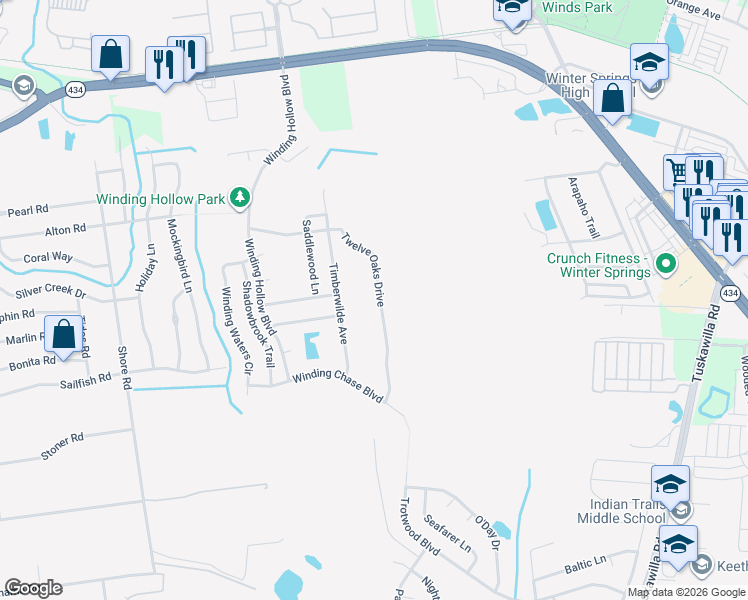 map of restaurants, bars, coffee shops, grocery stores, and more near 357 Twelve Oaks Drive in Winter Springs