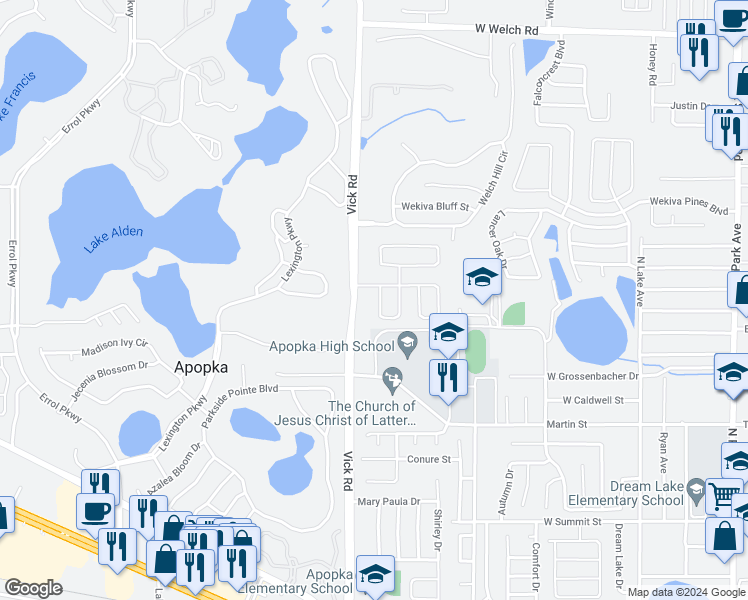 map of restaurants, bars, coffee shops, grocery stores, and more near 738 Maya Susan Loop in Apopka