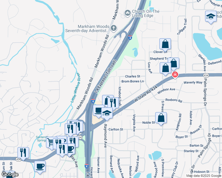 map of restaurants, bars, coffee shops, grocery stores, and more near 127 Springwood Circle in Longwood
