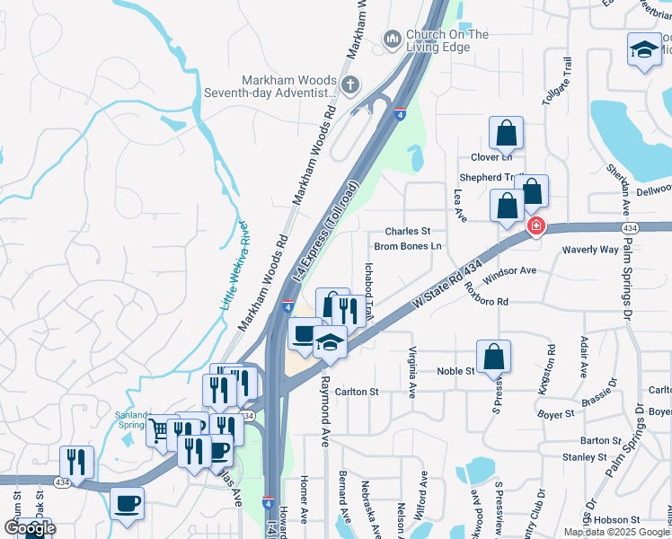map of restaurants, bars, coffee shops, grocery stores, and more near 127 Springwood Circle in Longwood