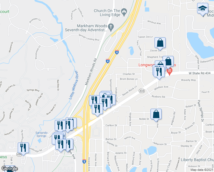 map of restaurants, bars, coffee shops, grocery stores, and more near 119 Springwood Circle in Longwood