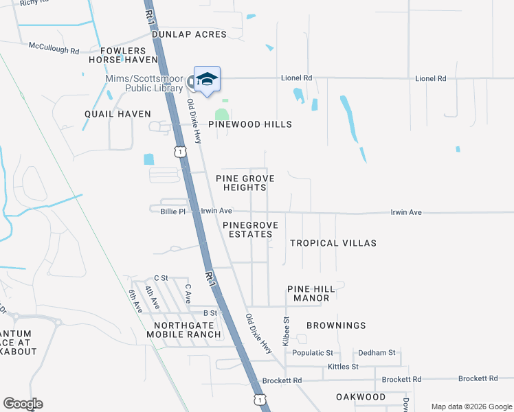 map of restaurants, bars, coffee shops, grocery stores, and more near 3519 Brevard Road in Mims