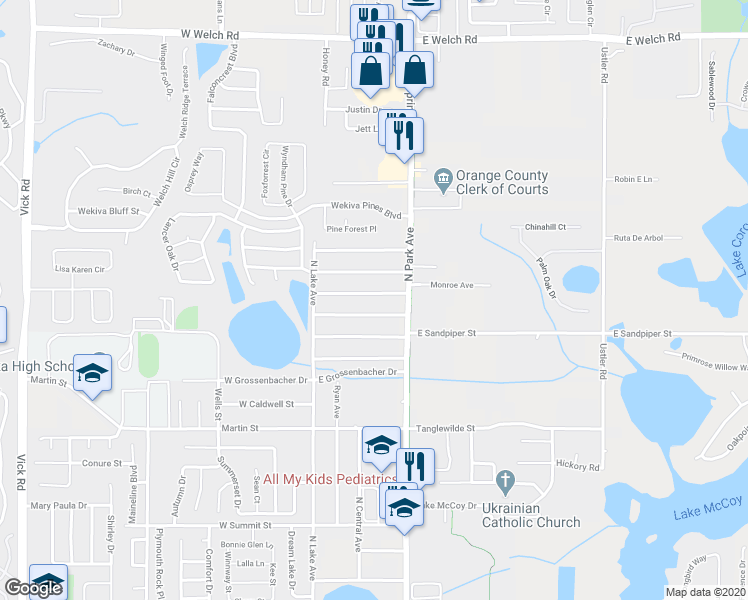 map of restaurants, bars, coffee shops, grocery stores, and more near 9 West Thrush Street in Apopka