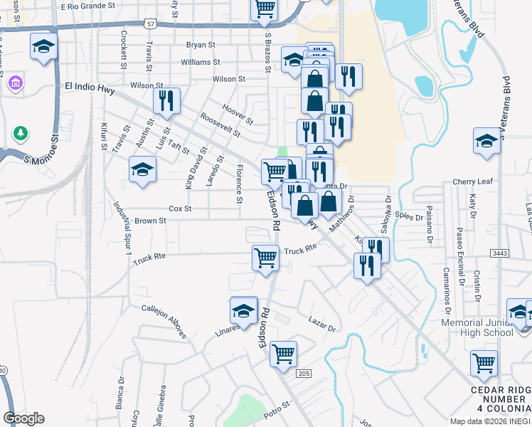 map of restaurants, bars, coffee shops, grocery stores, and more near 1055 Eidson Road in Eagle Pass