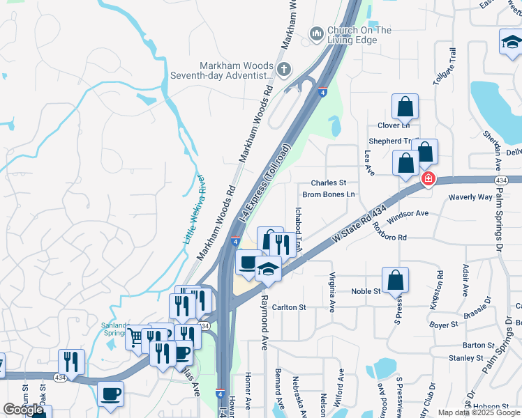 map of restaurants, bars, coffee shops, grocery stores, and more near 149 Springwood Circle in Longwood
