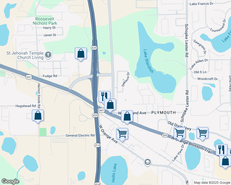 map of restaurants, bars, coffee shops, grocery stores, and more near 874 Dekleva Drive in Apopka