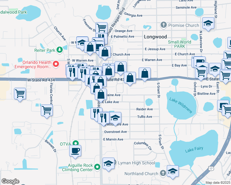 map of restaurants, bars, coffee shops, grocery stores, and more near 241 East Maine Avenue in Longwood