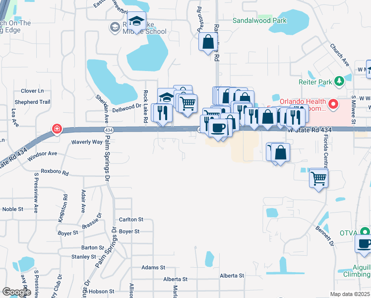 map of restaurants, bars, coffee shops, grocery stores, and more near 155 Landover Place in Longwood