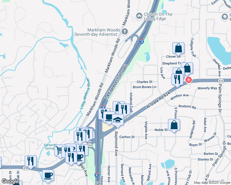 map of restaurants, bars, coffee shops, grocery stores, and more near 149 Springwood Circle in Longwood