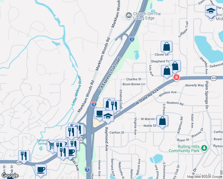 map of restaurants, bars, coffee shops, grocery stores, and more near 127 Springwood Circle in Longwood