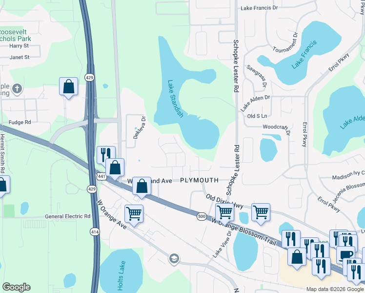 map of restaurants, bars, coffee shops, grocery stores, and more near 909 Hilly Bend Drive in Apopka
