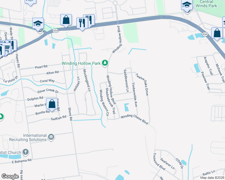 map of restaurants, bars, coffee shops, grocery stores, and more near 411 Longshadows Court in Winter Springs