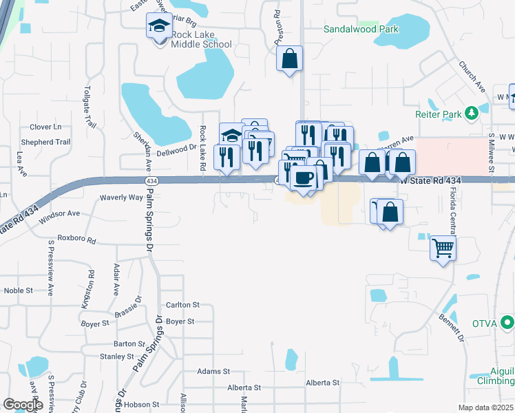 map of restaurants, bars, coffee shops, grocery stores, and more near 155 Landover Place in Longwood