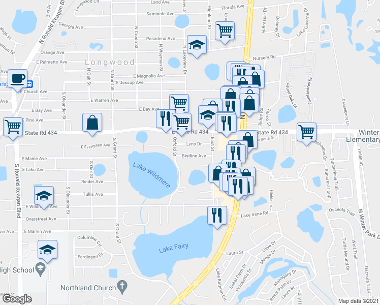map of restaurants, bars, coffee shops, grocery stores, and more near 729 Bistline Avenue in Longwood