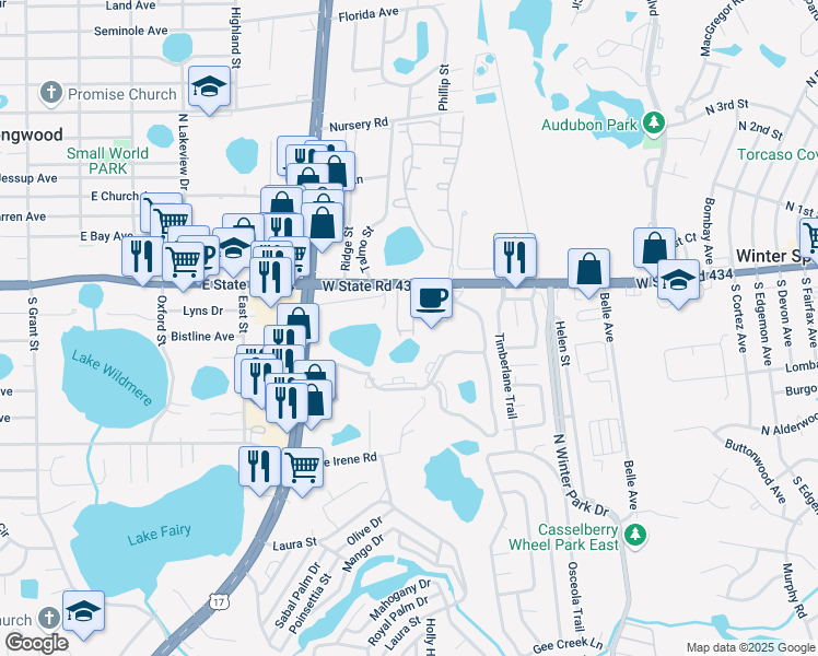 map of restaurants, bars, coffee shops, grocery stores, and more near 1518 Orrington Payne Place in Casselberry