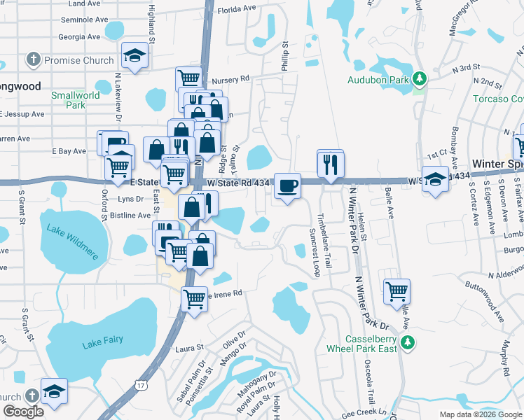 map of restaurants, bars, coffee shops, grocery stores, and more near 1518 Orrington Payne Place in Casselberry