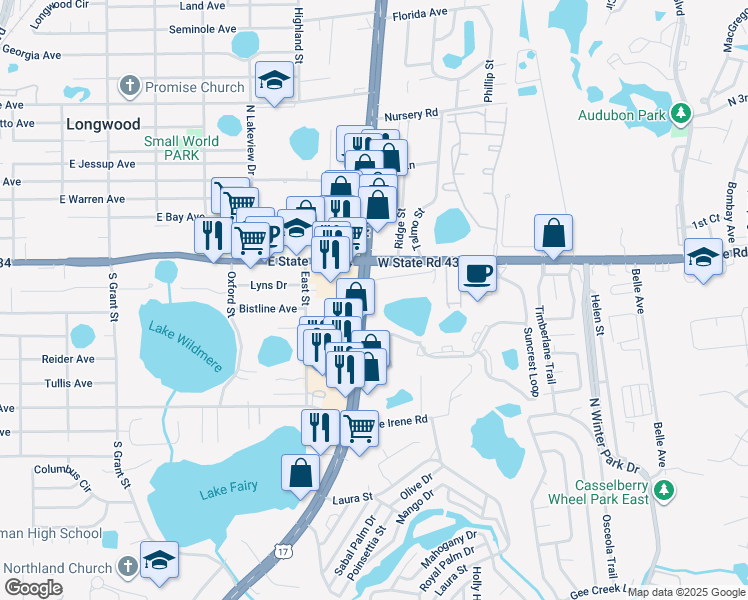 map of restaurants, bars, coffee shops, grocery stores, and more near 205 South US Highway 17 92 in Longwood