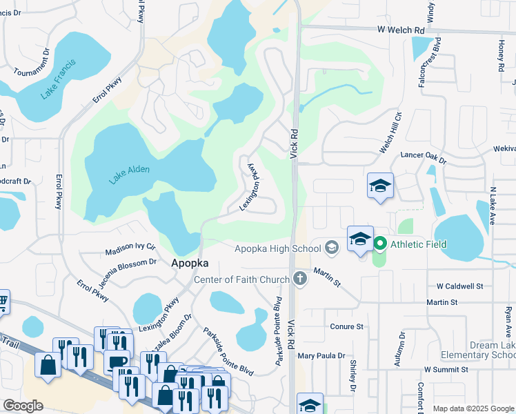 map of restaurants, bars, coffee shops, grocery stores, and more near 730 Crepe Myrtle Circle in Apopka