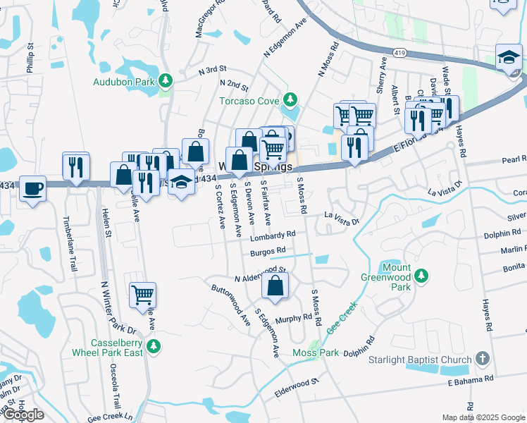 map of restaurants, bars, coffee shops, grocery stores, and more near 54 South Fairfax Avenue in Winter Springs
