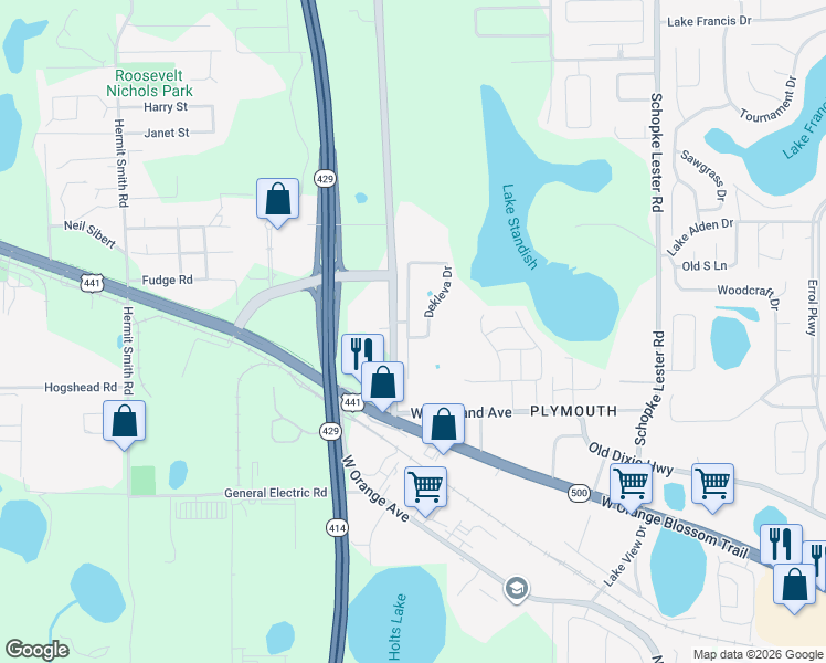 map of restaurants, bars, coffee shops, grocery stores, and more near 1245 Dekleva Drive in Apopka