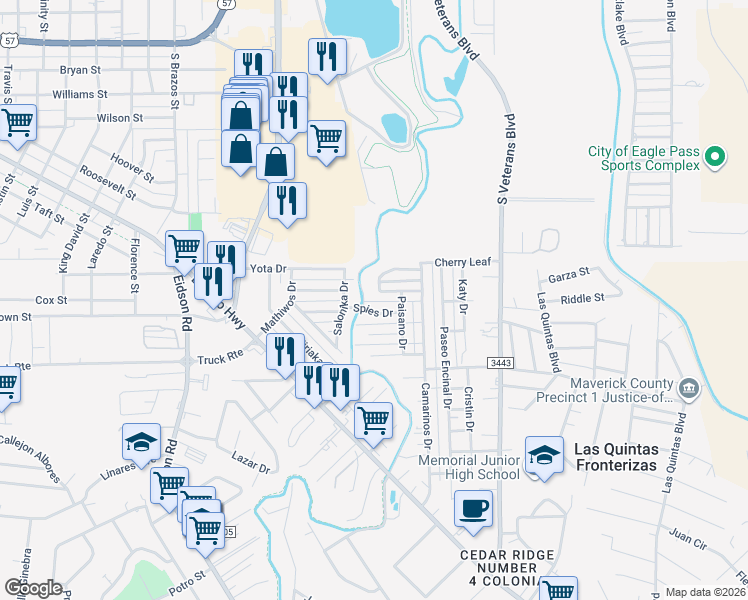 map of restaurants, bars, coffee shops, grocery stores, and more near 1184 Stephanie Drive in Eagle Pass