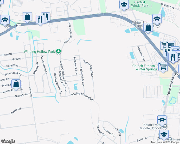 map of restaurants, bars, coffee shops, grocery stores, and more near 357 Twelve Oaks Drive in Winter Springs