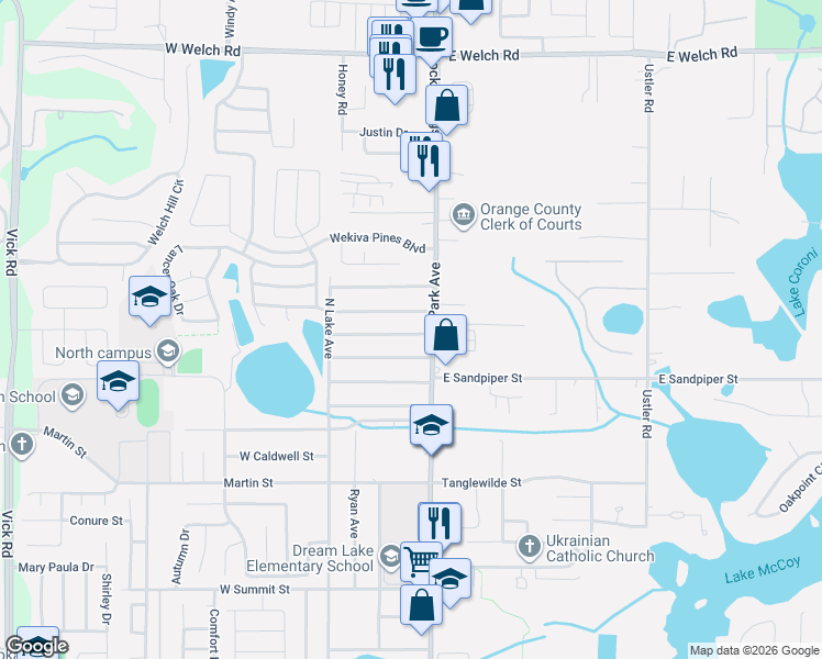 map of restaurants, bars, coffee shops, grocery stores, and more near 27 East Thrush Street in Apopka