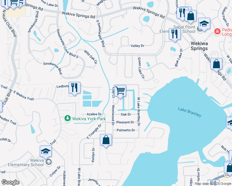map of restaurants, bars, coffee shops, grocery stores, and more near 2401 Clay Court in Longwood
