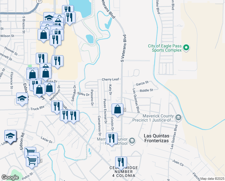 map of restaurants, bars, coffee shops, grocery stores, and more near 1593 South Veterans Boulevard in Eagle Pass