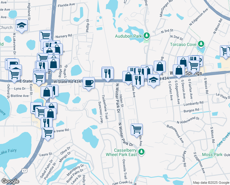 map of restaurants, bars, coffee shops, grocery stores, and more near 1131 Landmark Lane in Casselberry