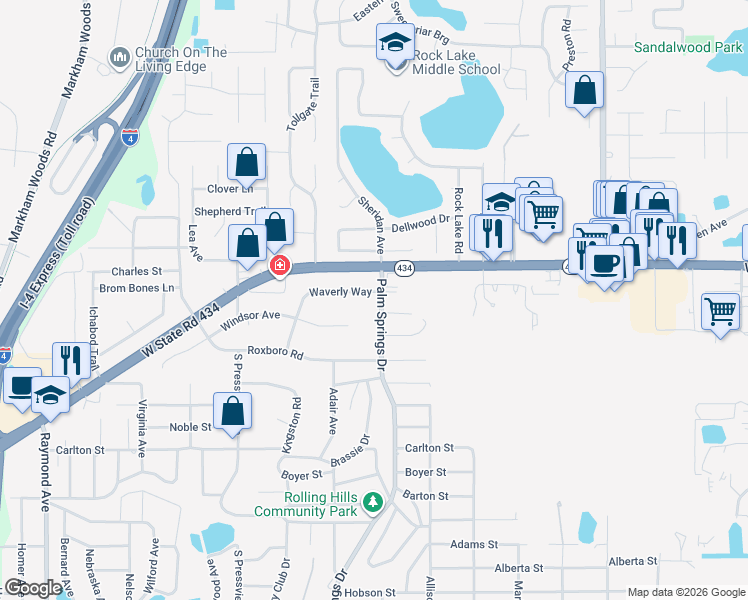 map of restaurants, bars, coffee shops, grocery stores, and more near 1200 Waverly Way in Longwood