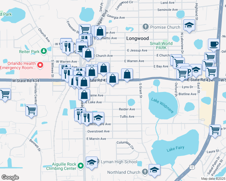 map of restaurants, bars, coffee shops, grocery stores, and more near 328 East Evergreen Avenue in Longwood
